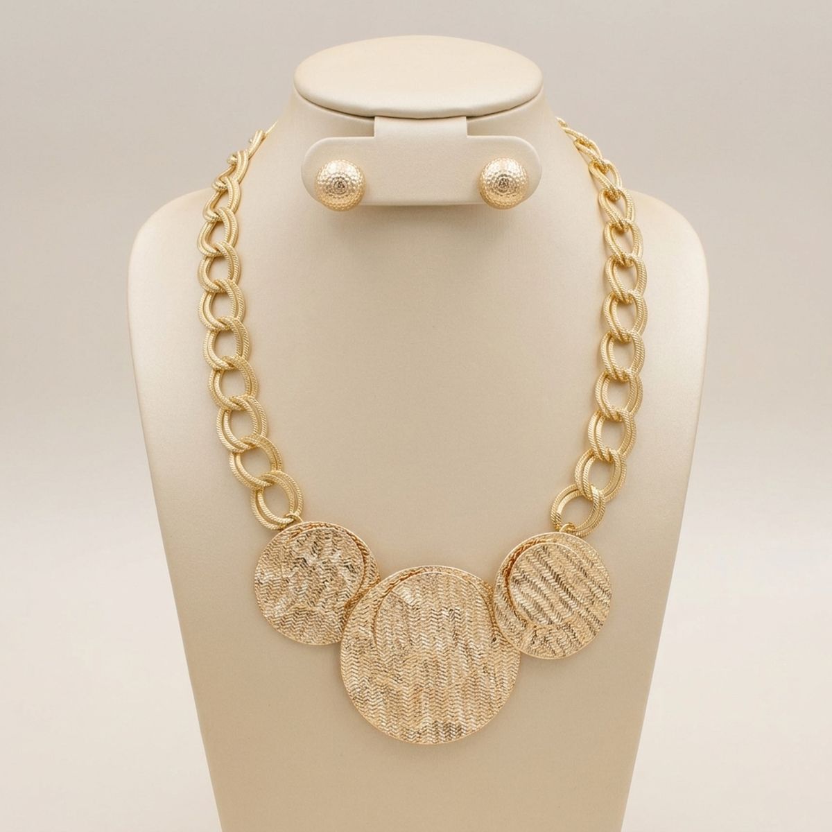 Bib Gold Wavy Stacked Discs Double Link Necklace