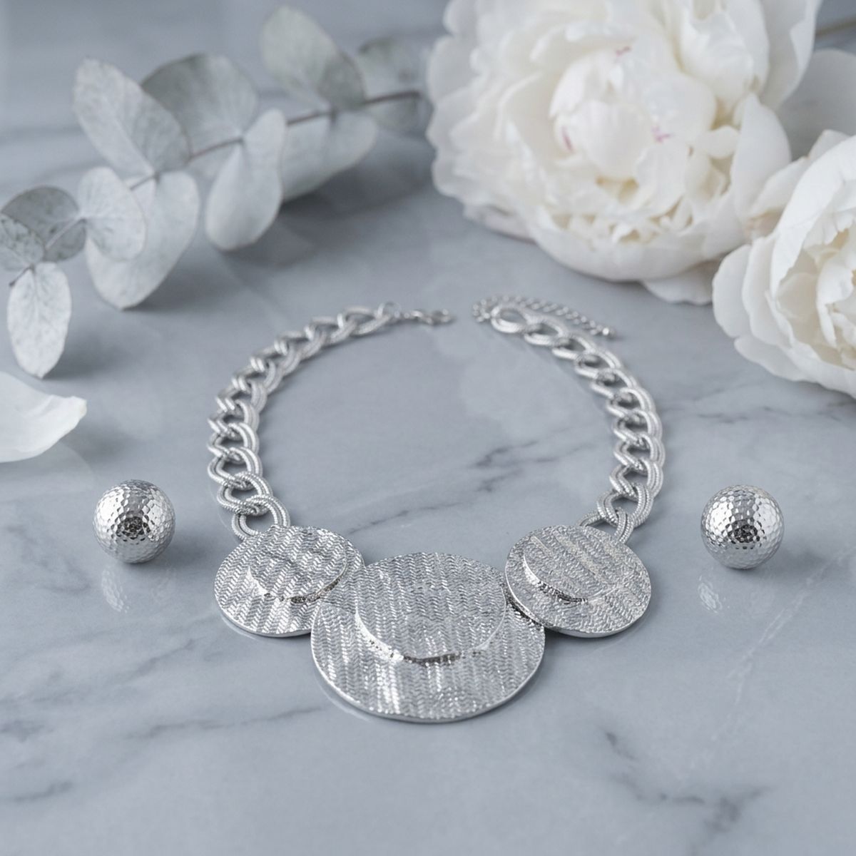 Bib Silver Wavy Stacked Discs Double Link Necklace