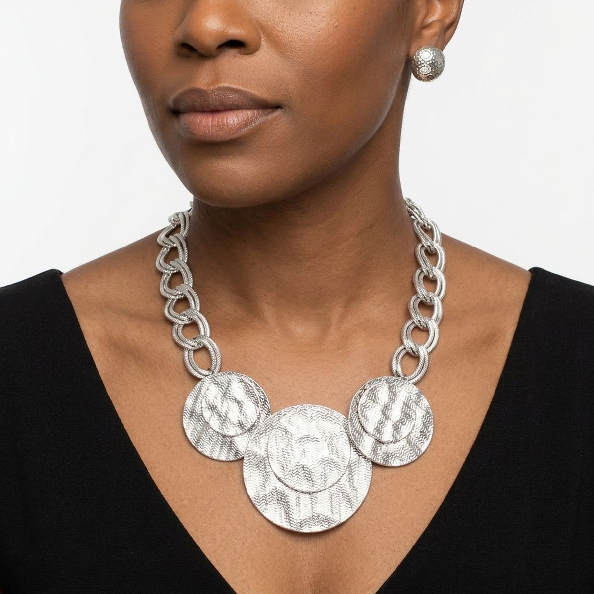 Bib Silver Wavy Stacked Discs Double Link Necklace