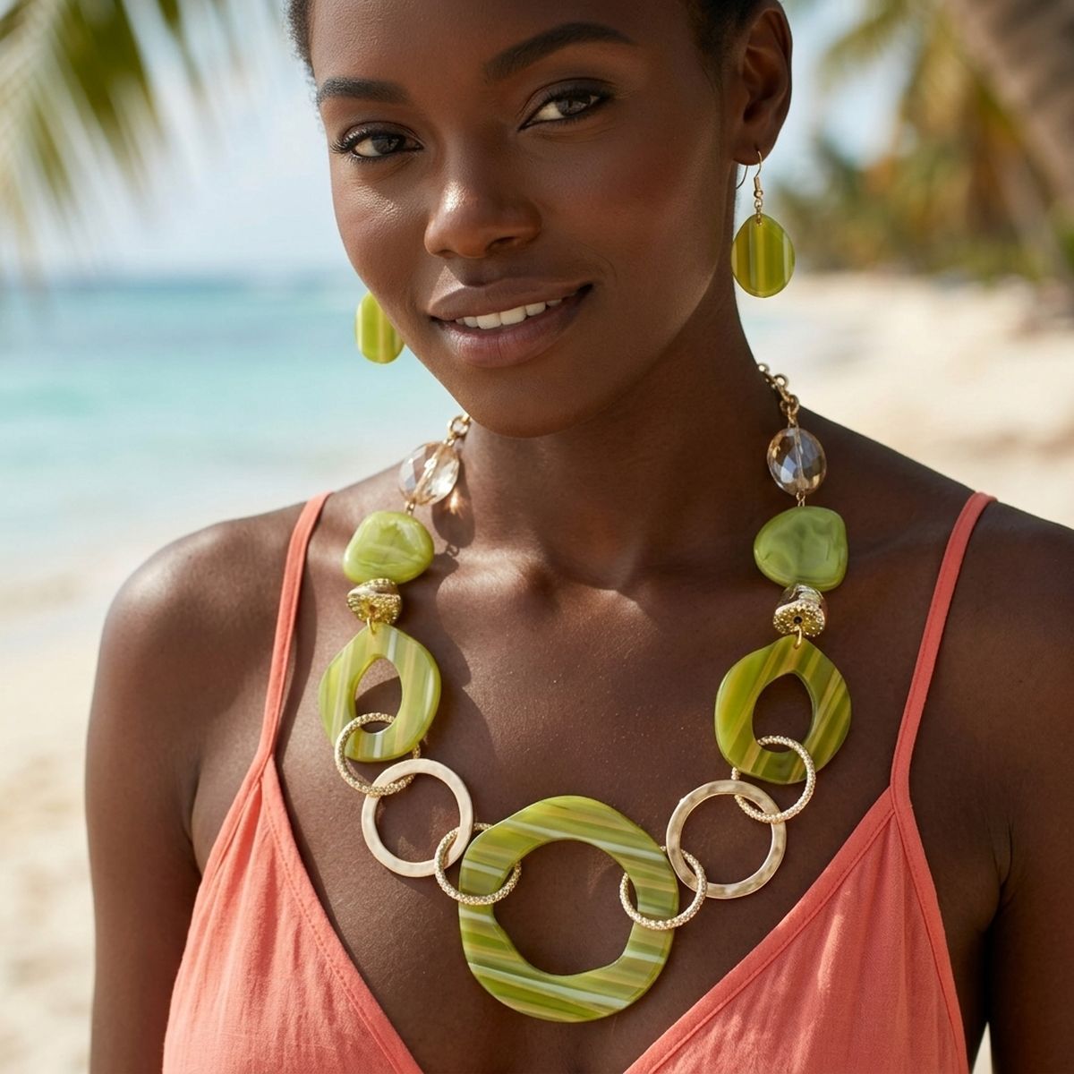 Long Green Stripe Mixed Elements Link Necklace
