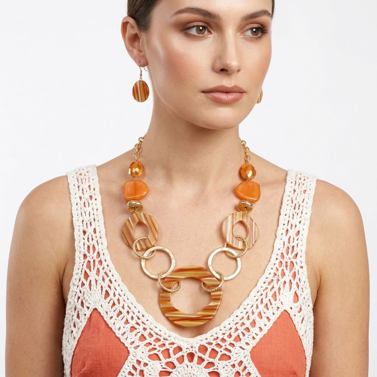 Long Orange Stripe Mixed Elements Link Necklace