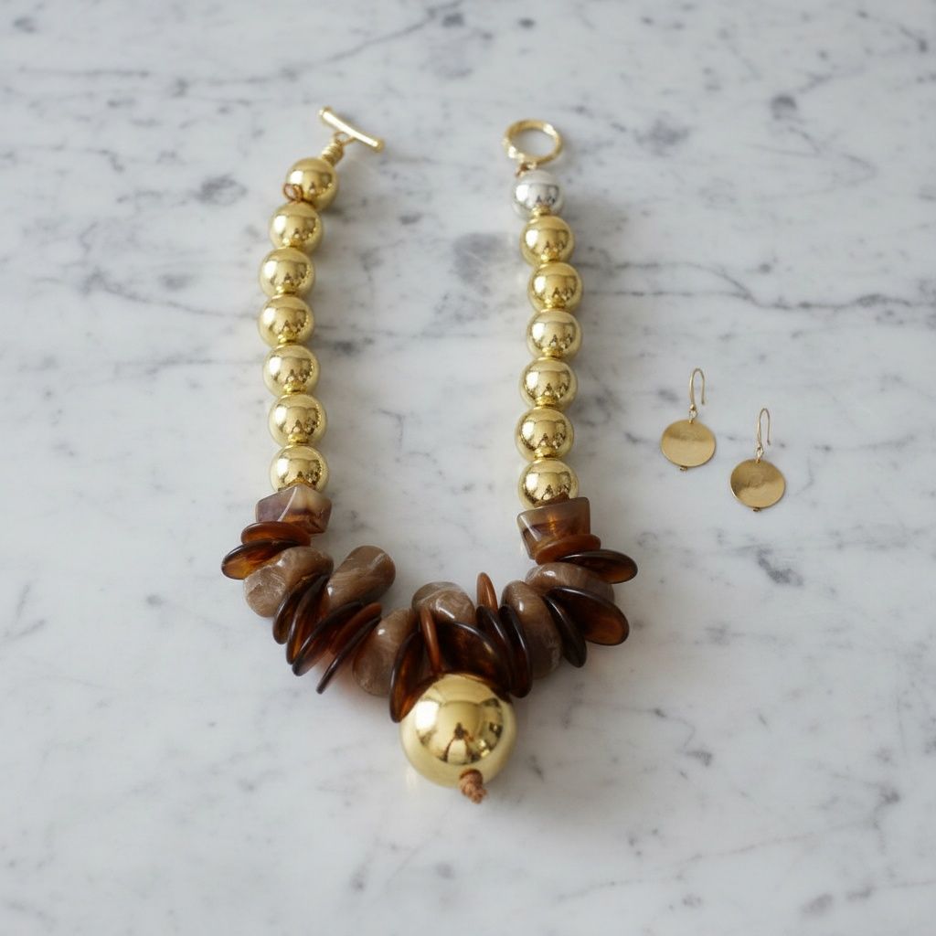 Chunky Stone Disc Gold Ball Bead Toggle Necklace