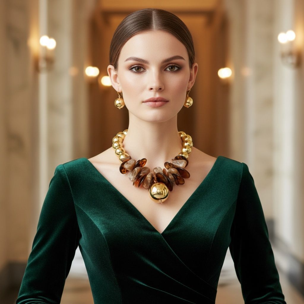 Chunky Stone Disc Gold Ball Bead Toggle Necklace