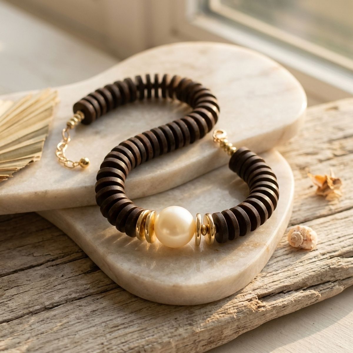 Beaded Brown Wood Disc Milky Pearl Chunky Necklace