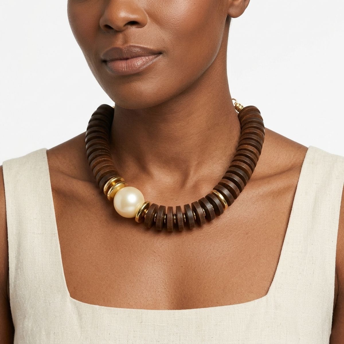 Beaded Brown Wood Disc Milky Pearl Chunky Necklace
