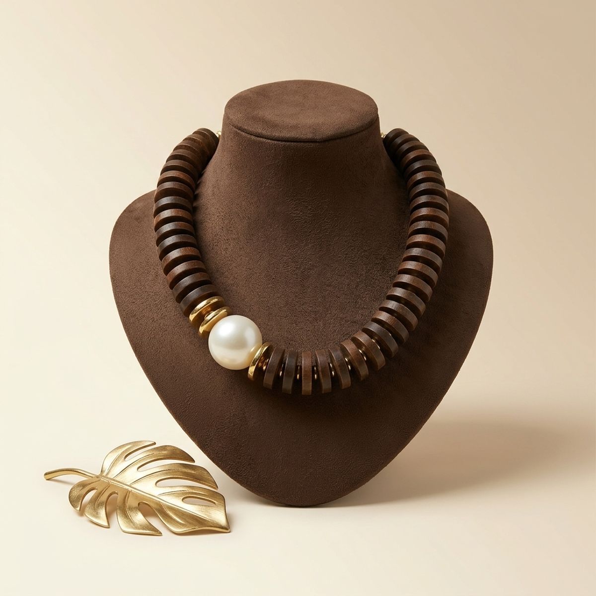 Beaded Brown Wood Disc Milky Pearl Chunky Necklace