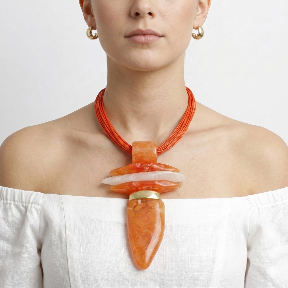 Bold Orange  Marbled Horn Pendant Cord Necklace