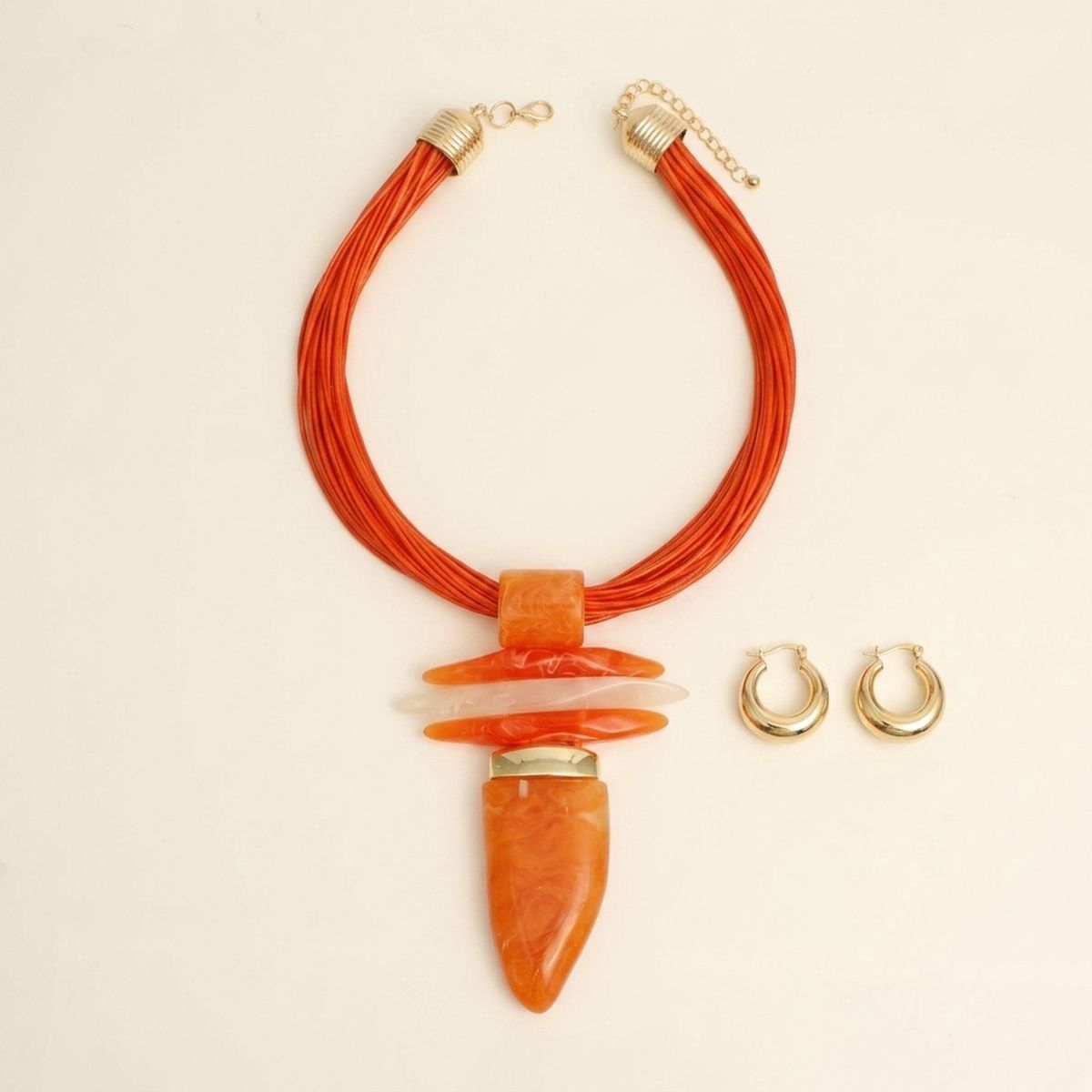 Bold Orange  Marbled Horn Pendant Cord Necklace