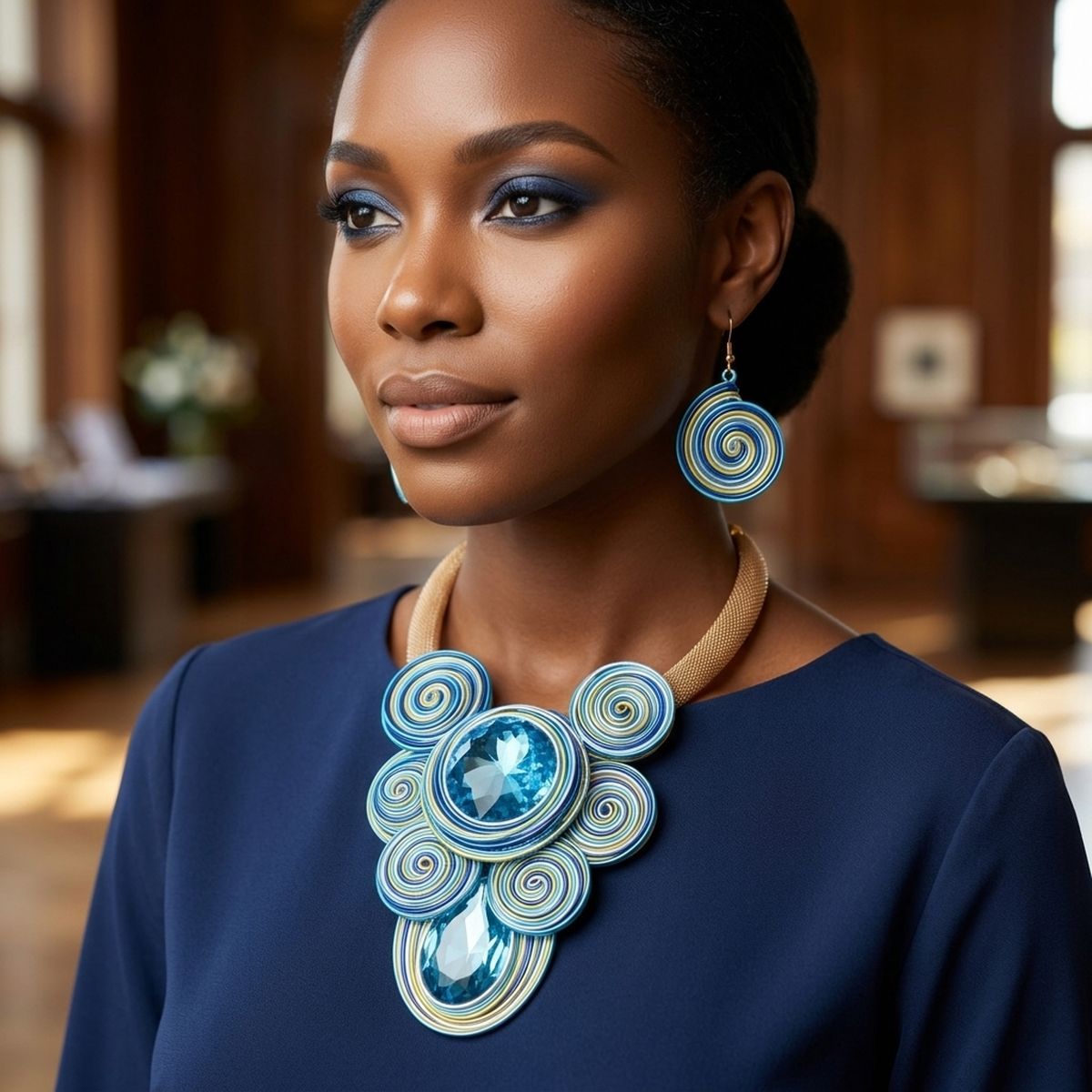 Blue Wire Wrap Teardrop Crystal Bib Necklace