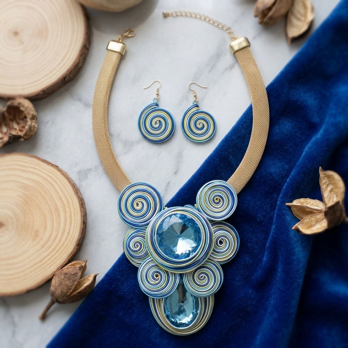 Blue Wire Wrap Teardrop Crystal Bib Necklace
