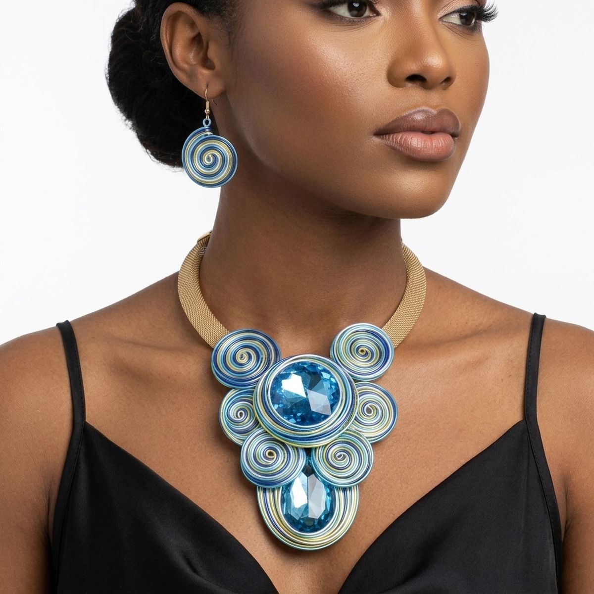 Blue Wire Wrap Teardrop Crystal Bib Necklace