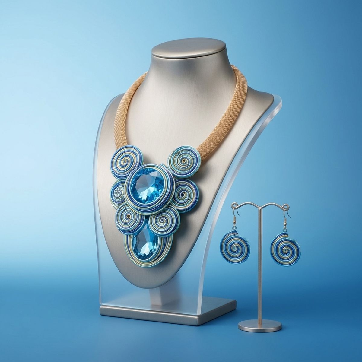 Blue Wire Wrap Teardrop Crystal Bib Necklace