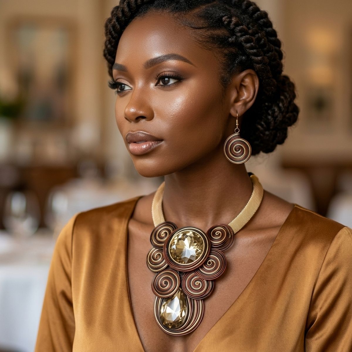 Brown Wire Wrap Teardrop Crystal Bib Necklace