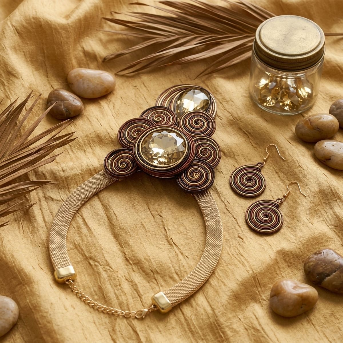 Brown Wire Wrap Teardrop Crystal Bib Necklace