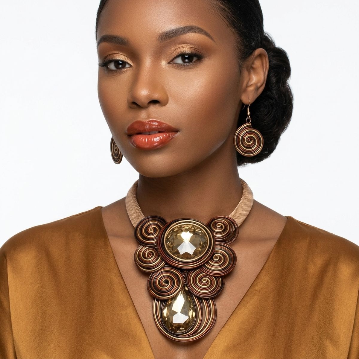 Brown Wire Wrap Teardrop Crystal Bib Necklace