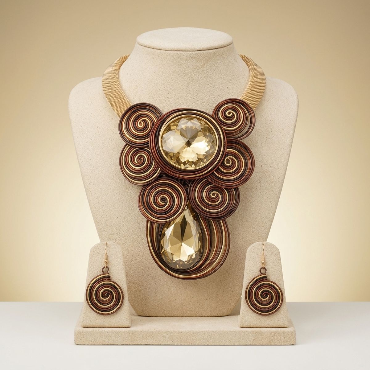 Brown Wire Wrap Teardrop Crystal Bib Necklace