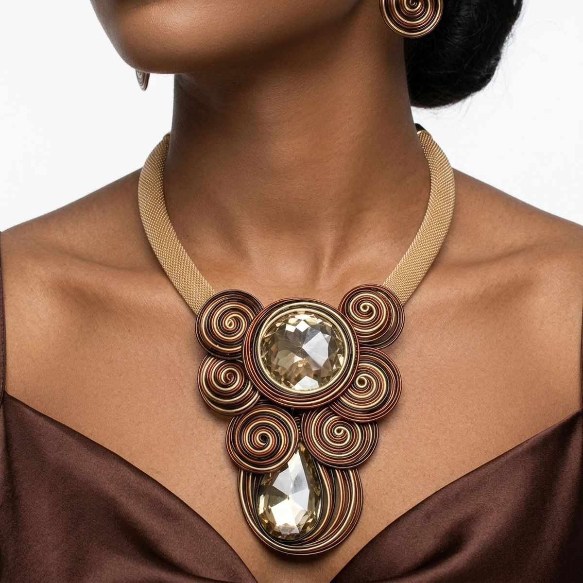 Brown Wire Wrap Teardrop Crystal Bib Necklace