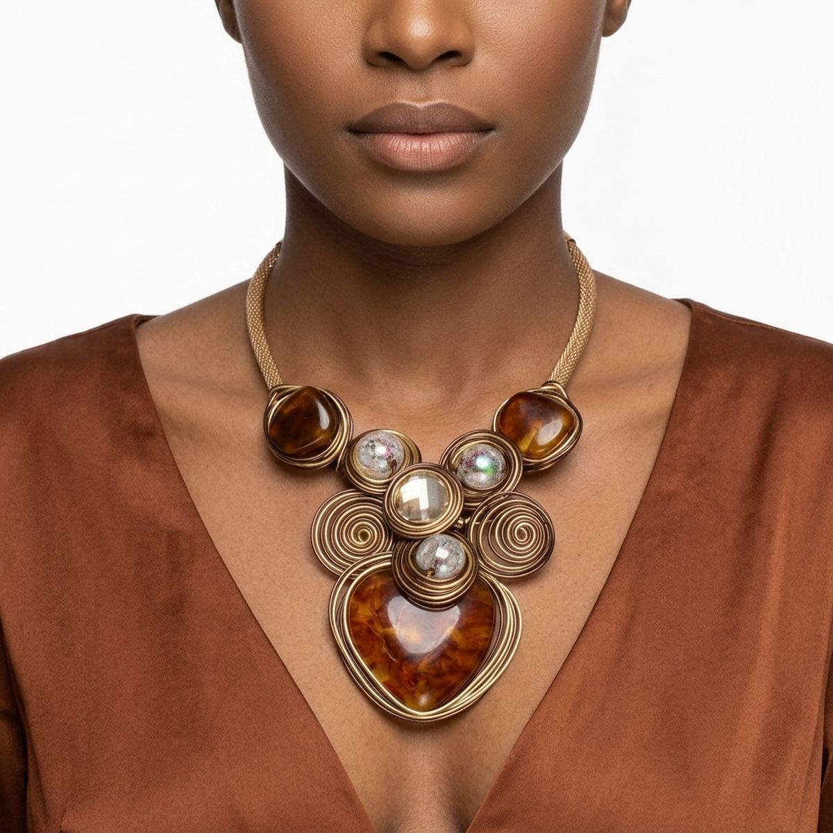 Brown Coiled Wire Heart Handmade Bib Necklace