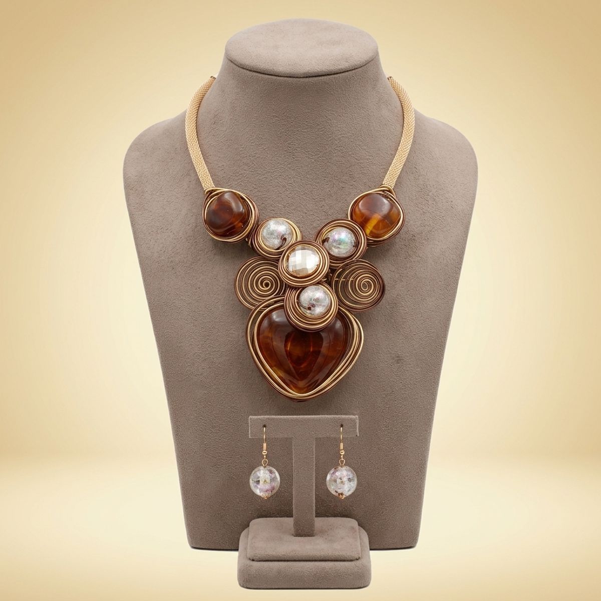 Brown Coiled Wire Heart Handmade Bib Necklace