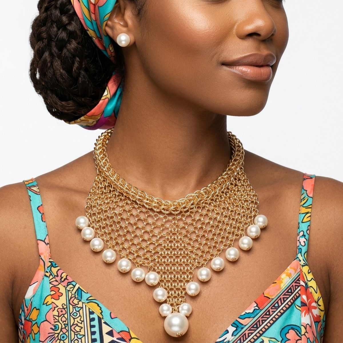 Gold Mesh Pearl Bib Necklace with Chain Fringe