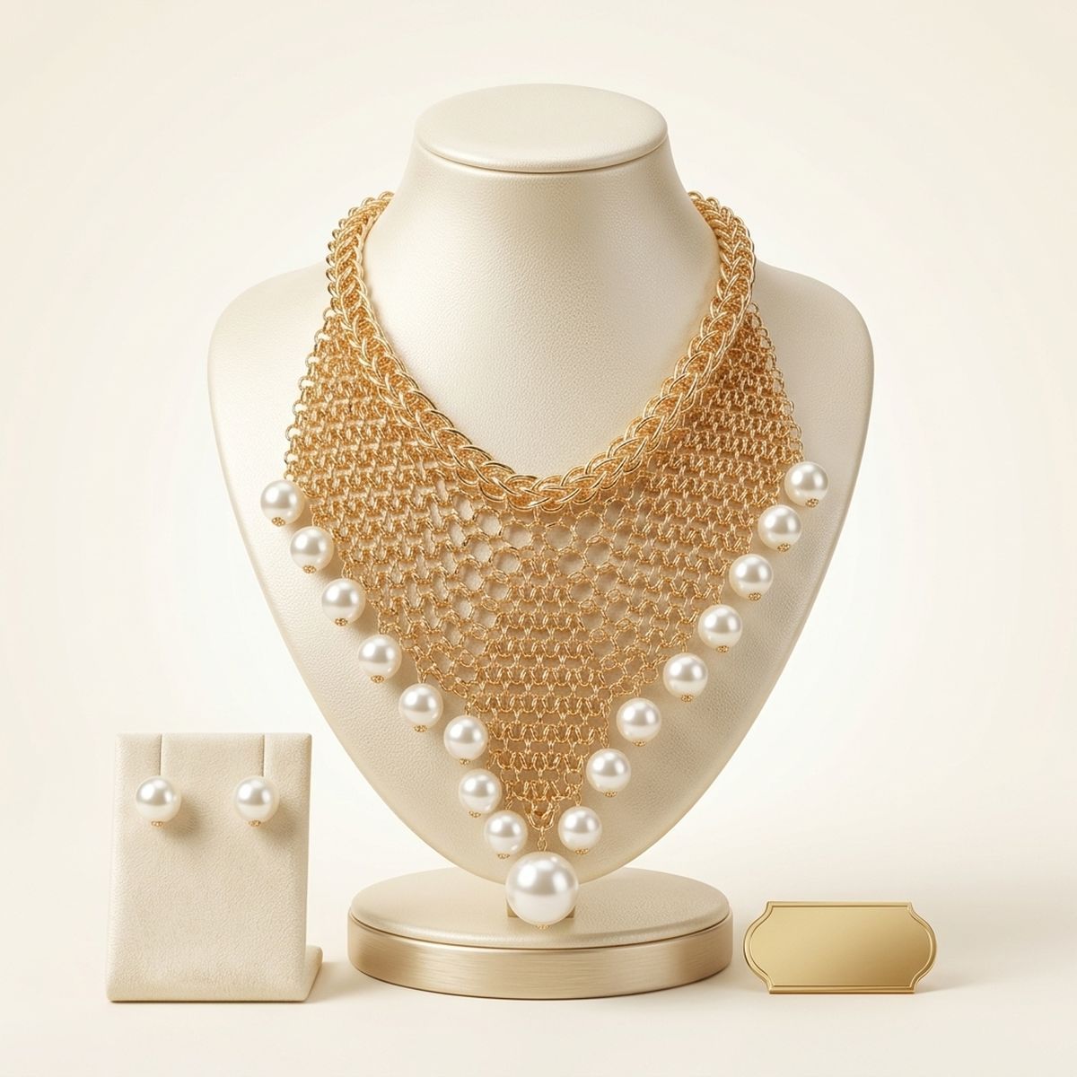 Gold Mesh Pearl Bib Necklace with Chain Fringe