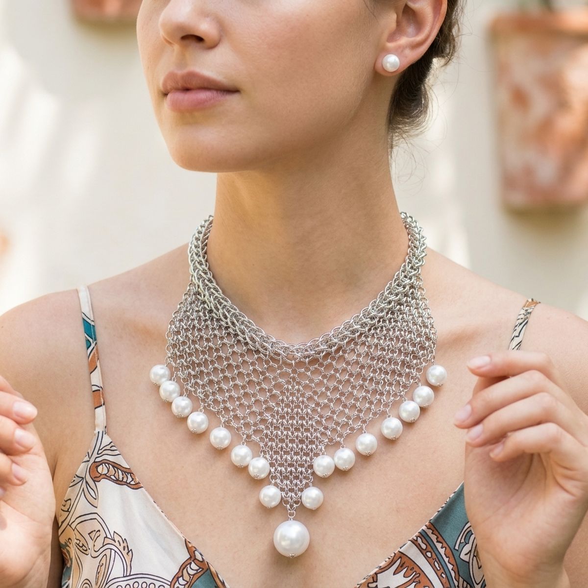 Silver Mesh Pearl Bib Necklace with Chain Fringe