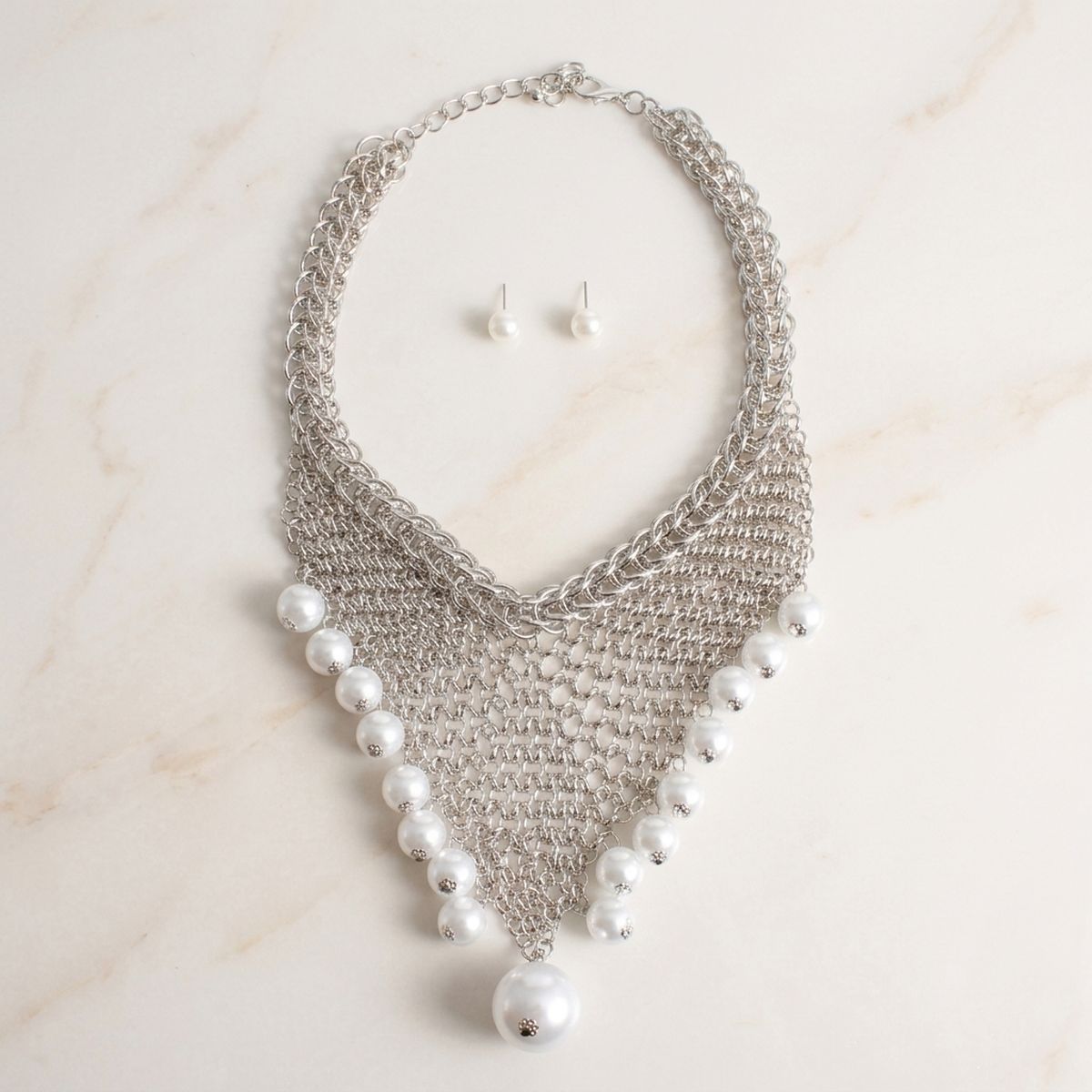 Silver Mesh Pearl Bib Necklace with Chain Fringe
