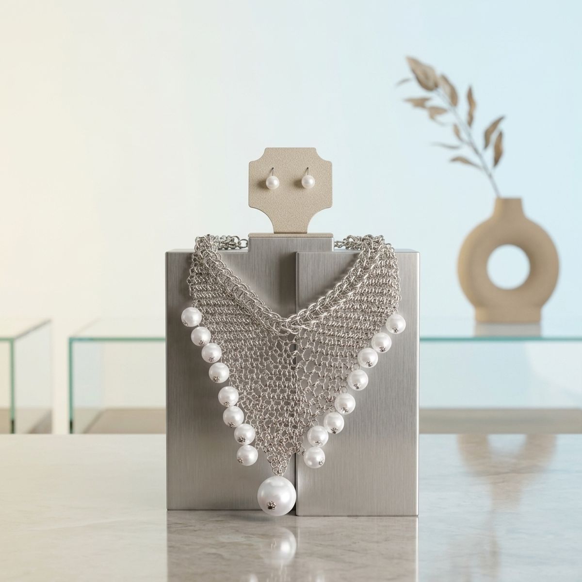 Silver Mesh Pearl Bib Necklace with Chain Fringe
