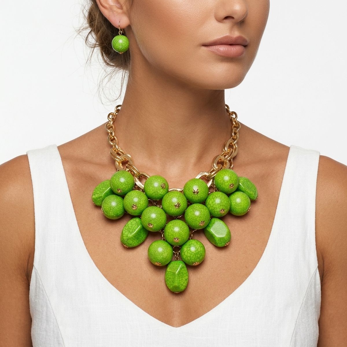 Chunky Green Crackle Bead Chainmaille Bib Necklace
