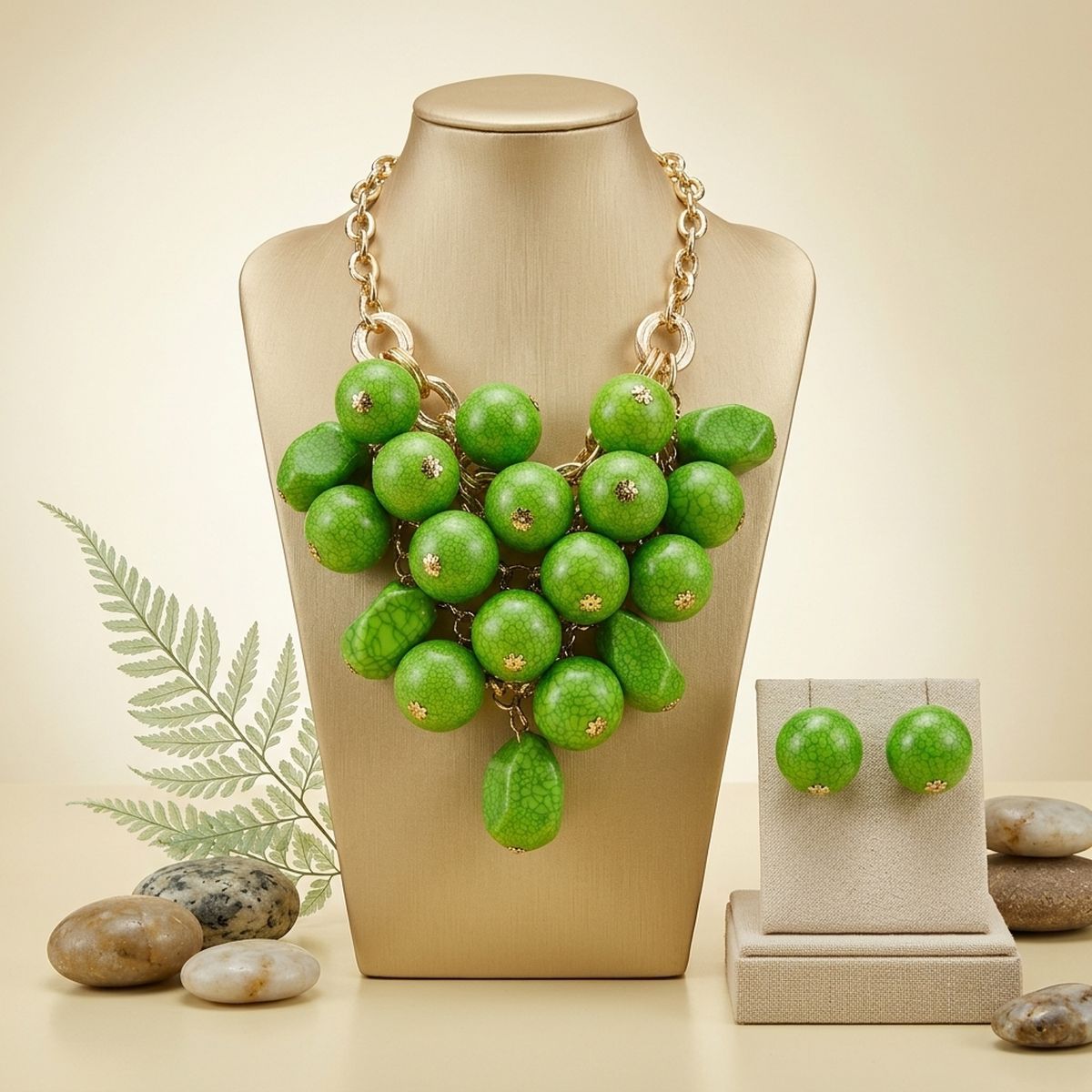 Chunky Green Crackle Bead Chainmaille Bib Necklace