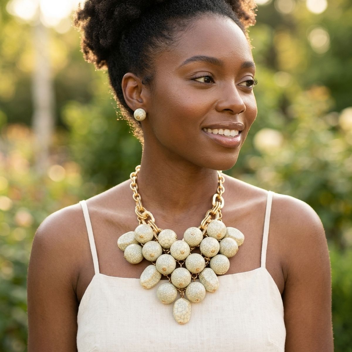 Chunky Ivory Crackle Bead Chainmaille Bib Necklace