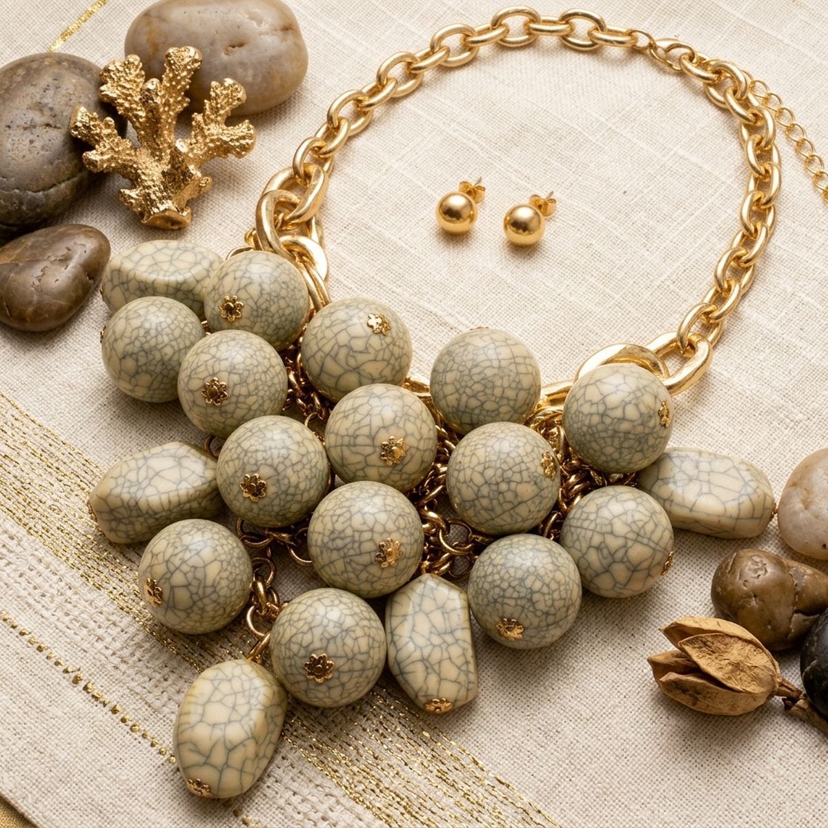 Chunky Ivory Crackle Bead Chainmaille Bib Necklace