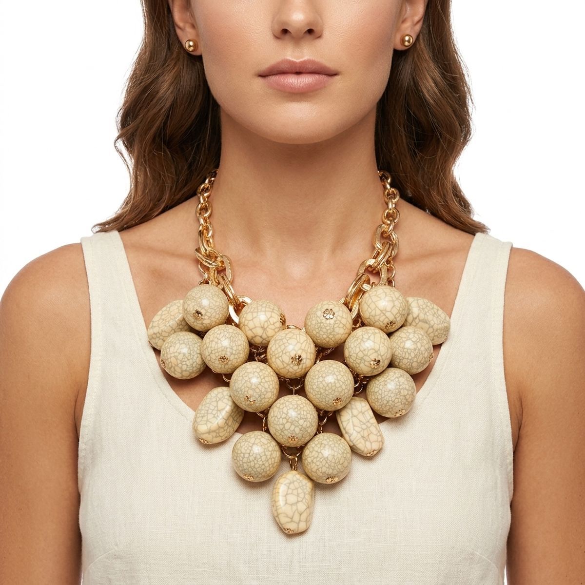 Chunky Ivory Crackle Bead Chainmaille Bib Necklace