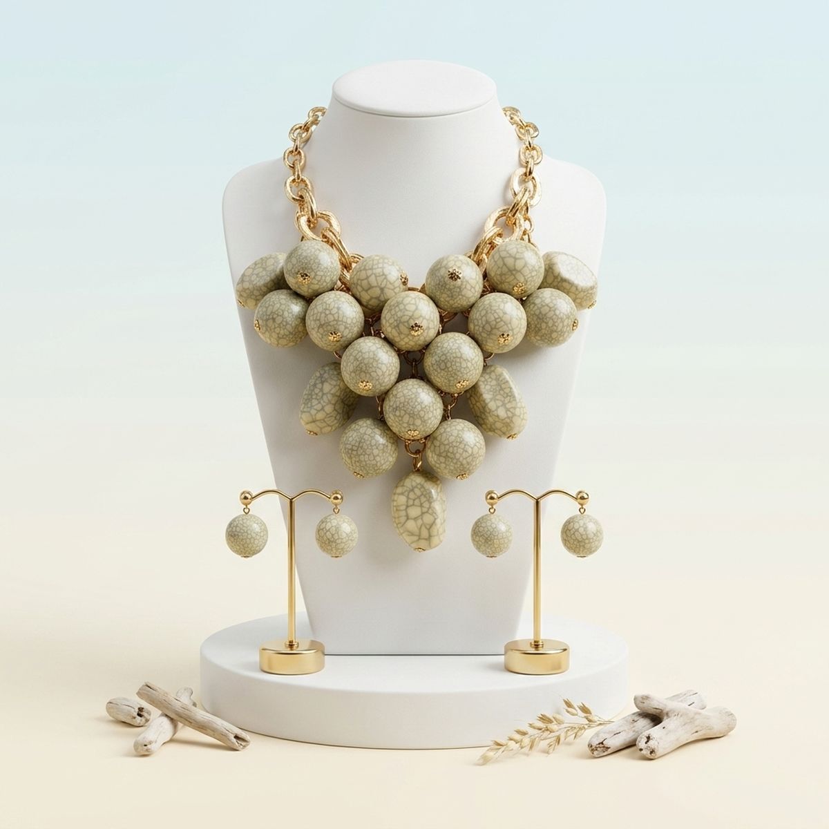Chunky Ivory Crackle Bead Chainmaille Bib Necklace
