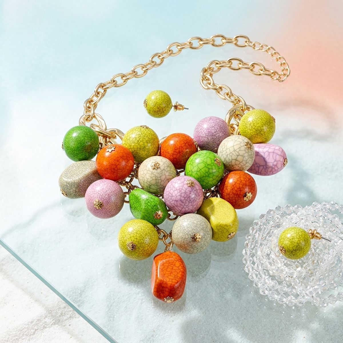 Chunky Color Crackle Bead Chainmaille Bib Necklace