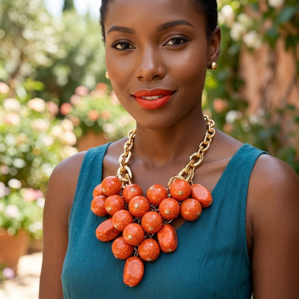 Chunky Orange Crackle Bead Chainmaille Bib Necklace
