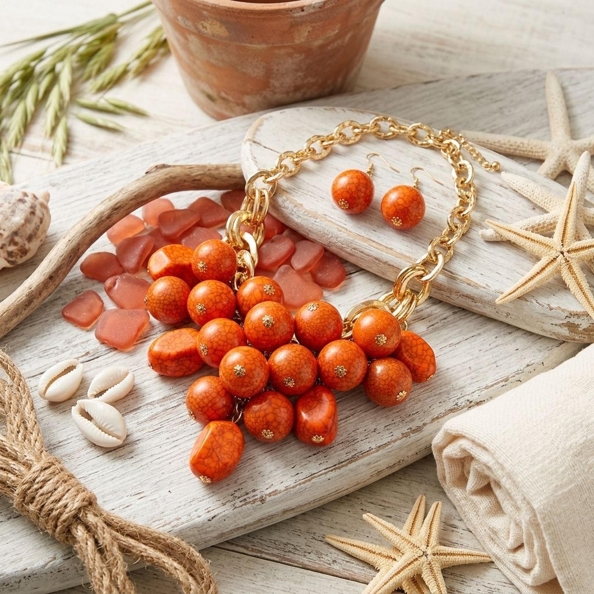 Chunky Orange Crackle Bead Chainmaille Bib Necklace