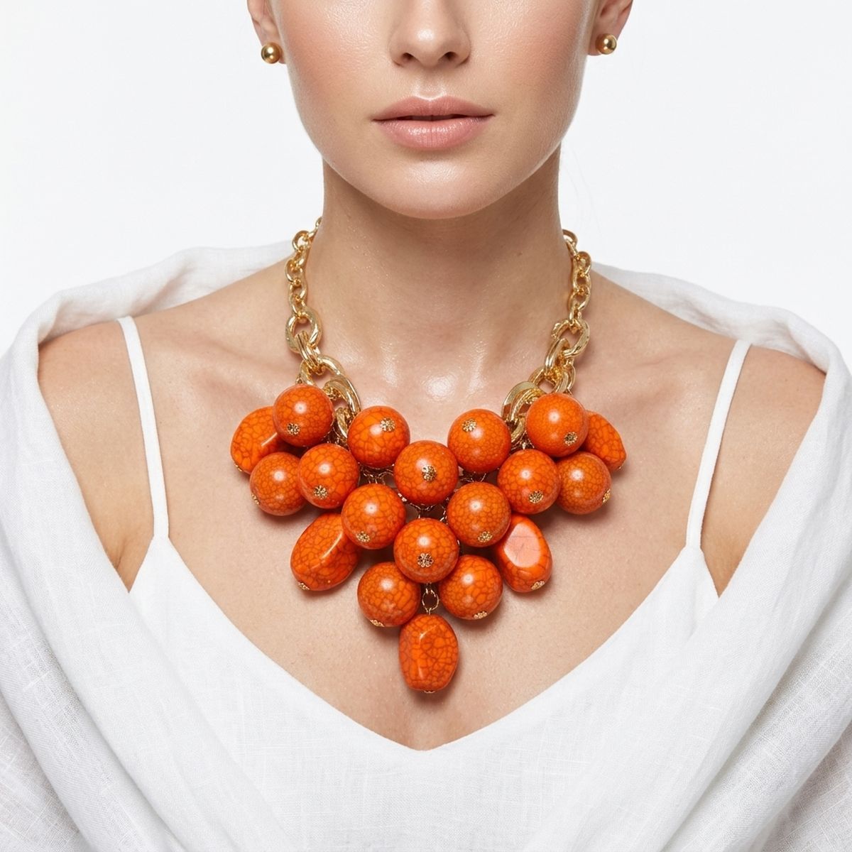 Chunky Orange Crackle Bead Chainmaille Bib Necklace