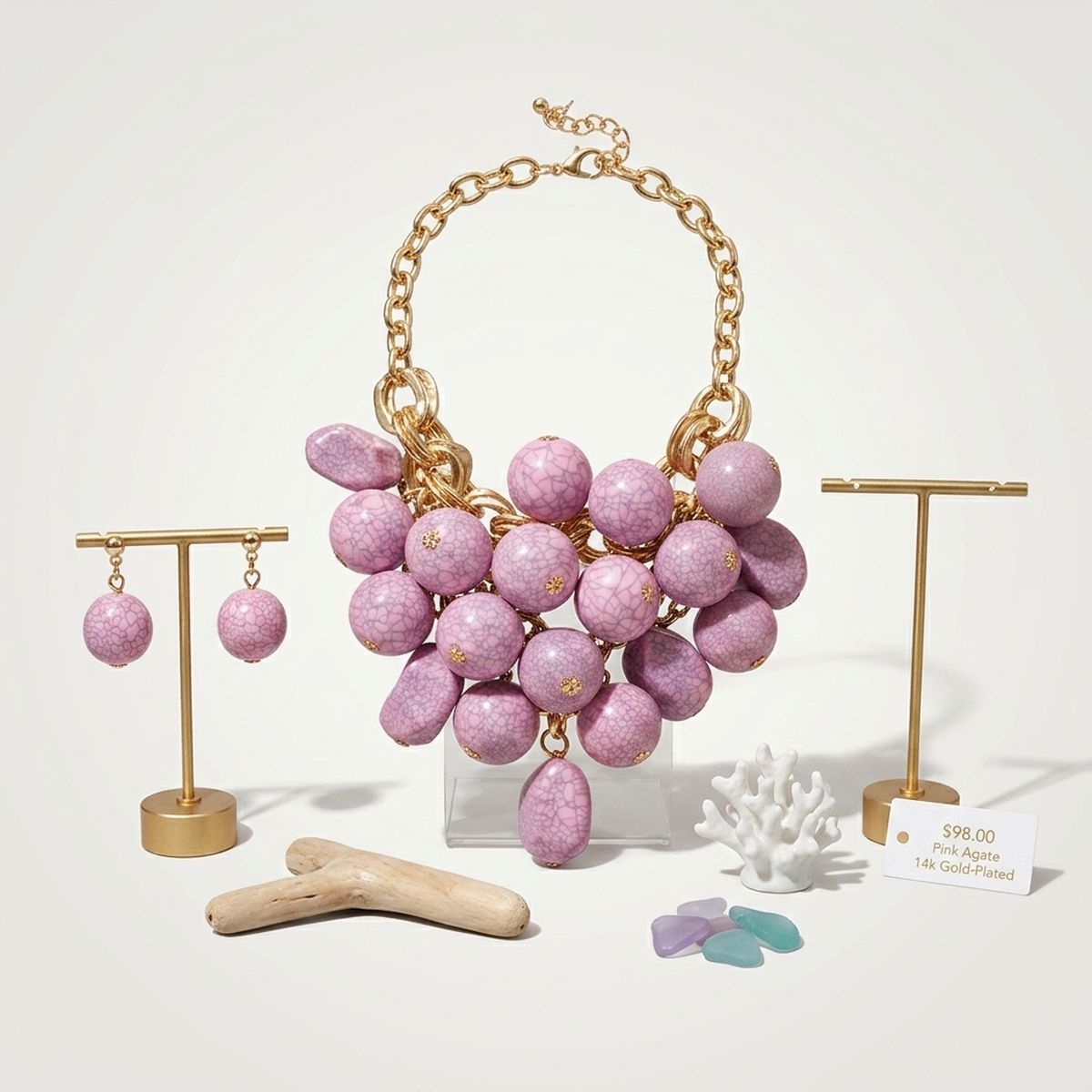 Chunky Pink Crackle Bead Chainmaille Bib Necklace