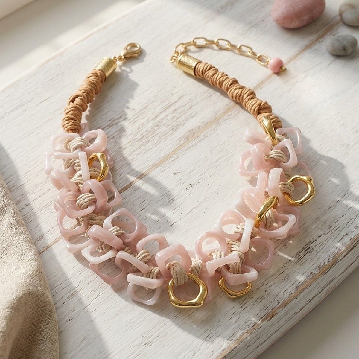 Tribal Marble Pink Square Leather Woven Necklace
