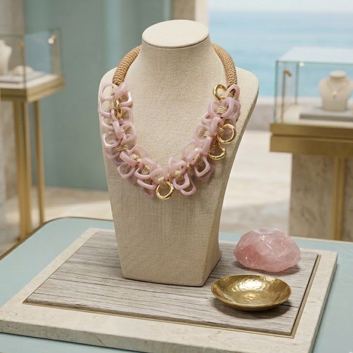 Tribal Marble Pink Square Leather Woven Necklace