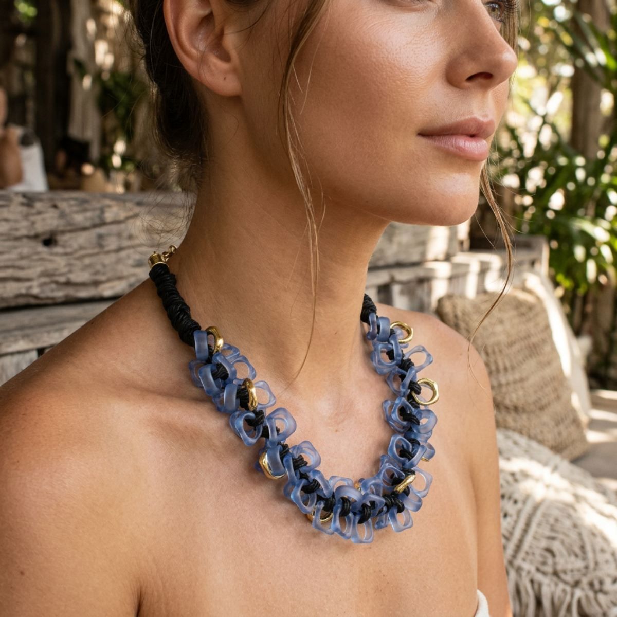 Tribal Marble Blue Square Leather Woven Necklace
