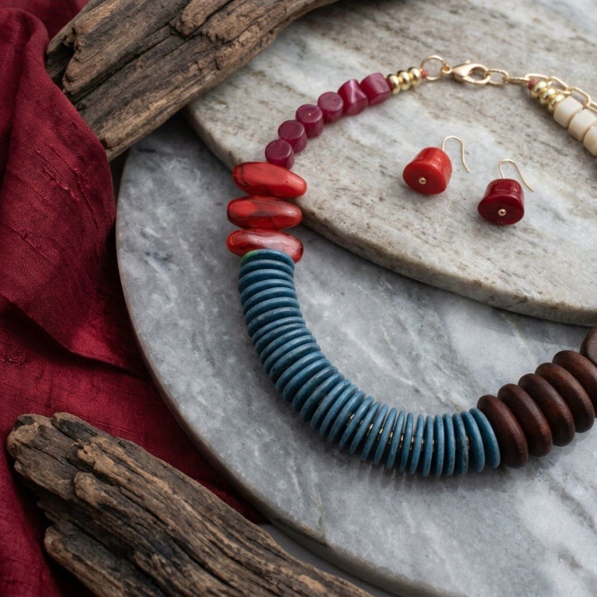 Tribal Asymmetrical Red and Wood Bead Necklace