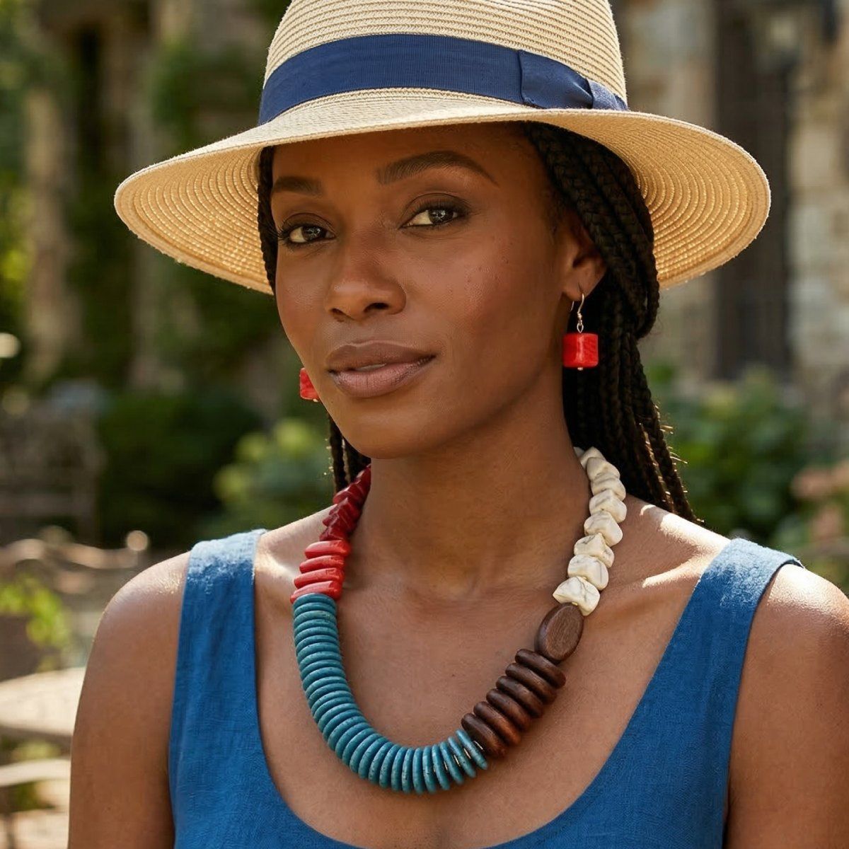Tribal Asymmetrical Red and Wood Bead Necklace
