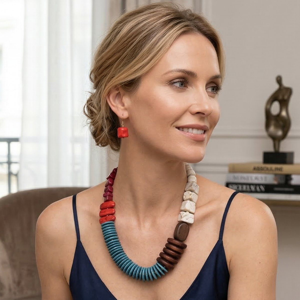 Tribal Asymmetrical Red and Wood Bead Necklace