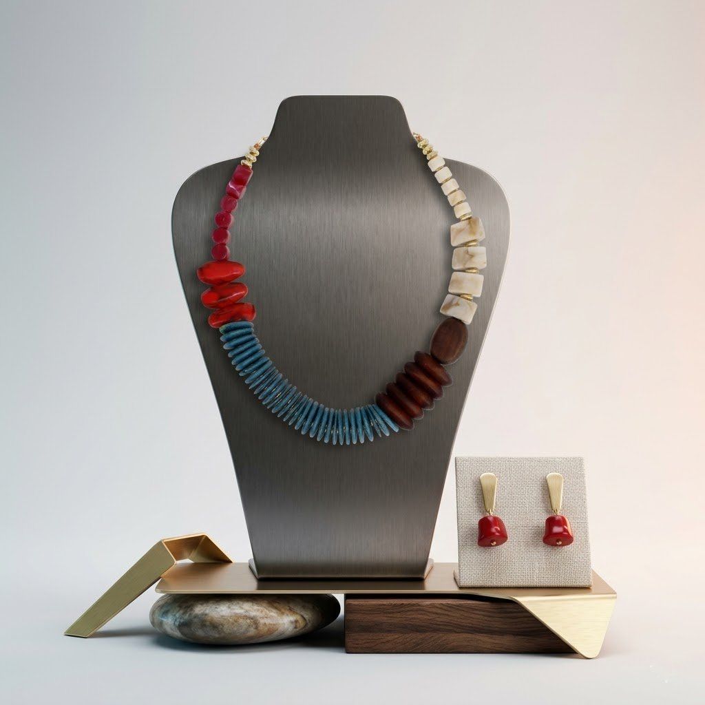 Tribal Asymmetrical Red and Wood Bead Necklace