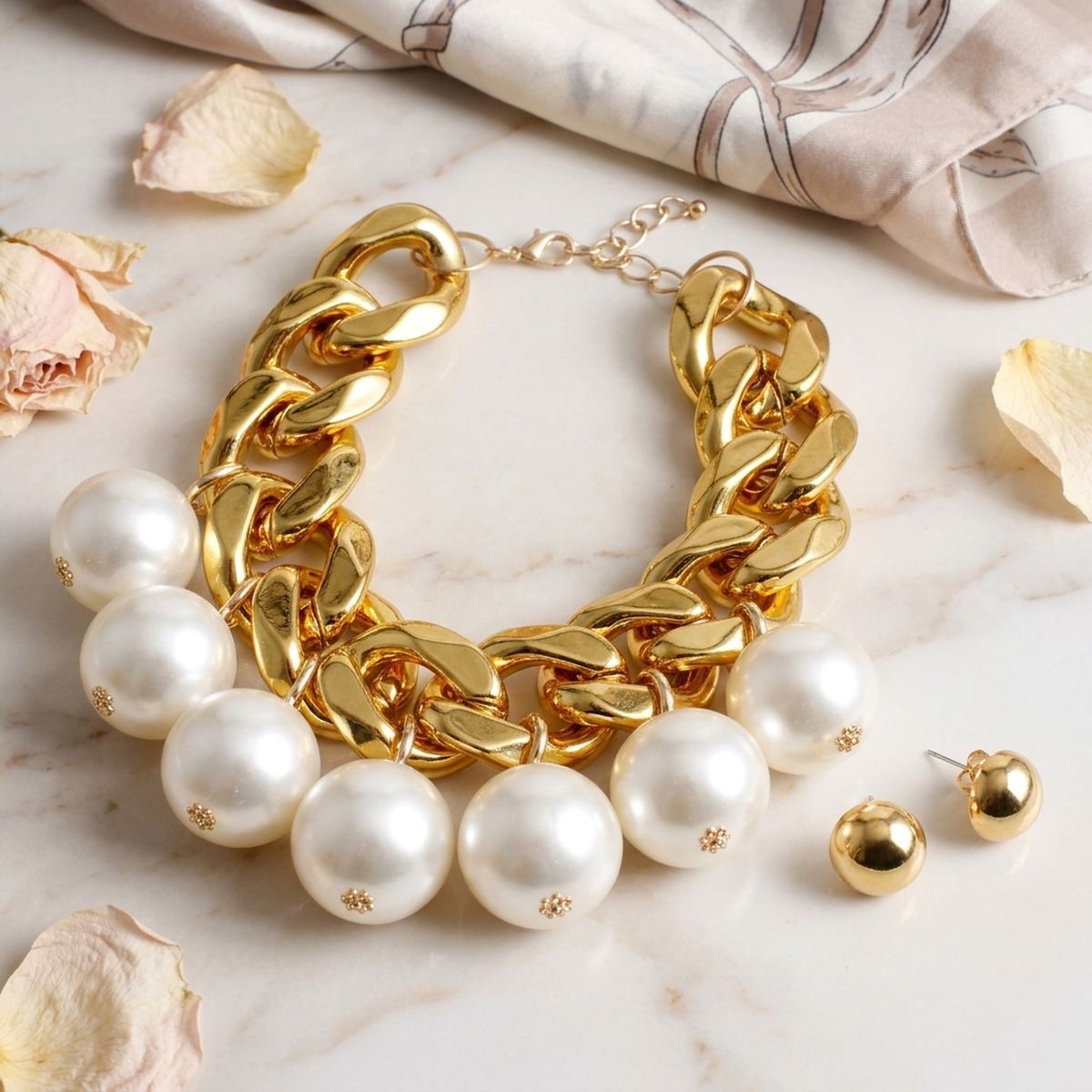 Ultra Chunky Gold Chain Necklace with Pearls