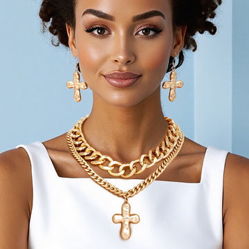 Chain Gold Hammered Cross Pendant Layered Necklace