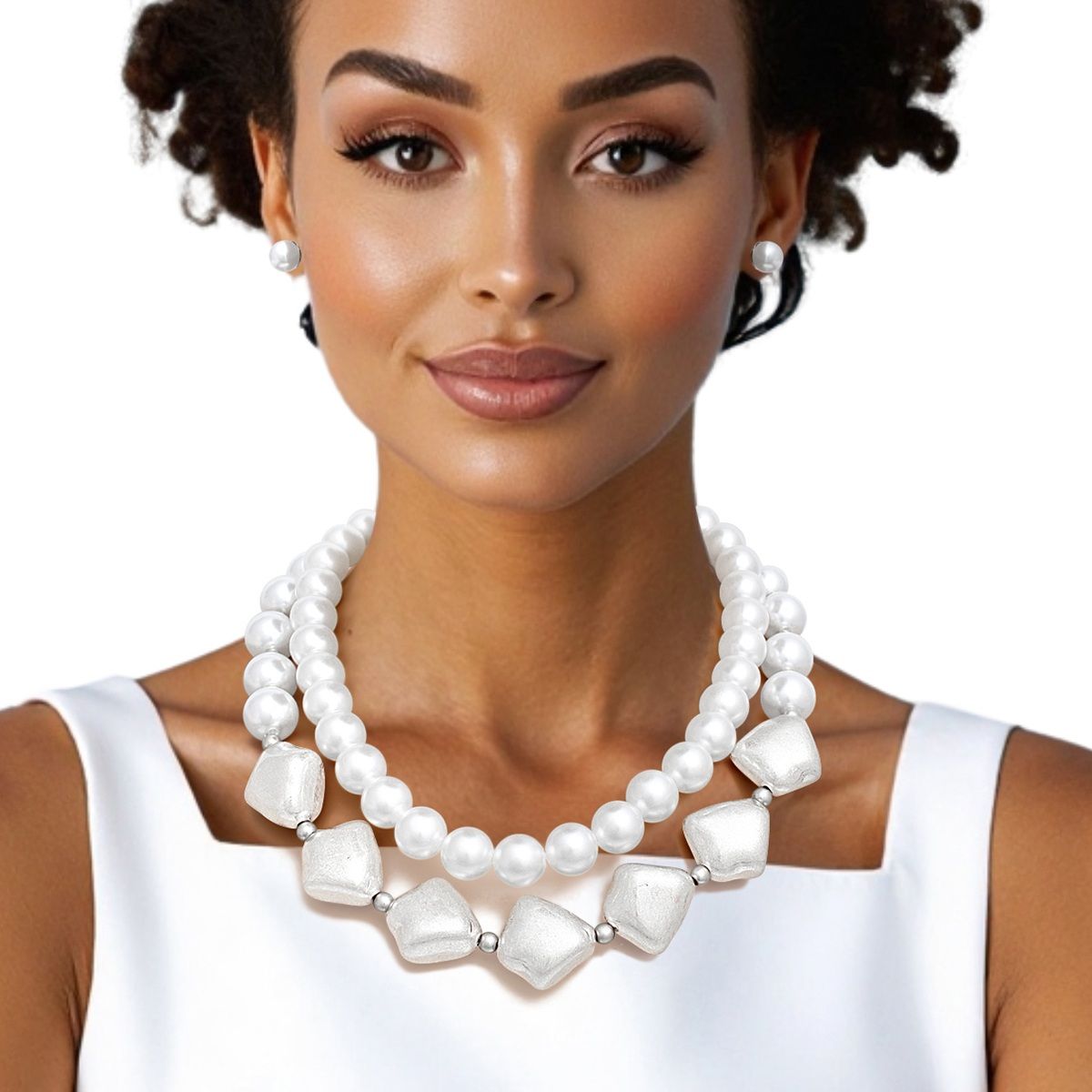 Layered Matte Silver Chunky Vintage Pearl Necklace