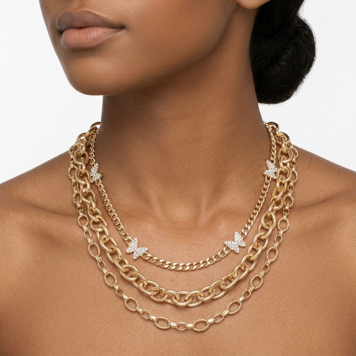 Gold Mixed Chain Stone Butterfly 3 Layer Necklace